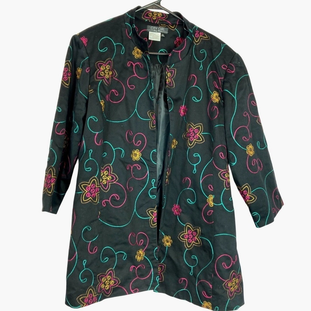 City Girl‎ Nancy Bolen Black Embroidered Floral Jacket XL Open Front